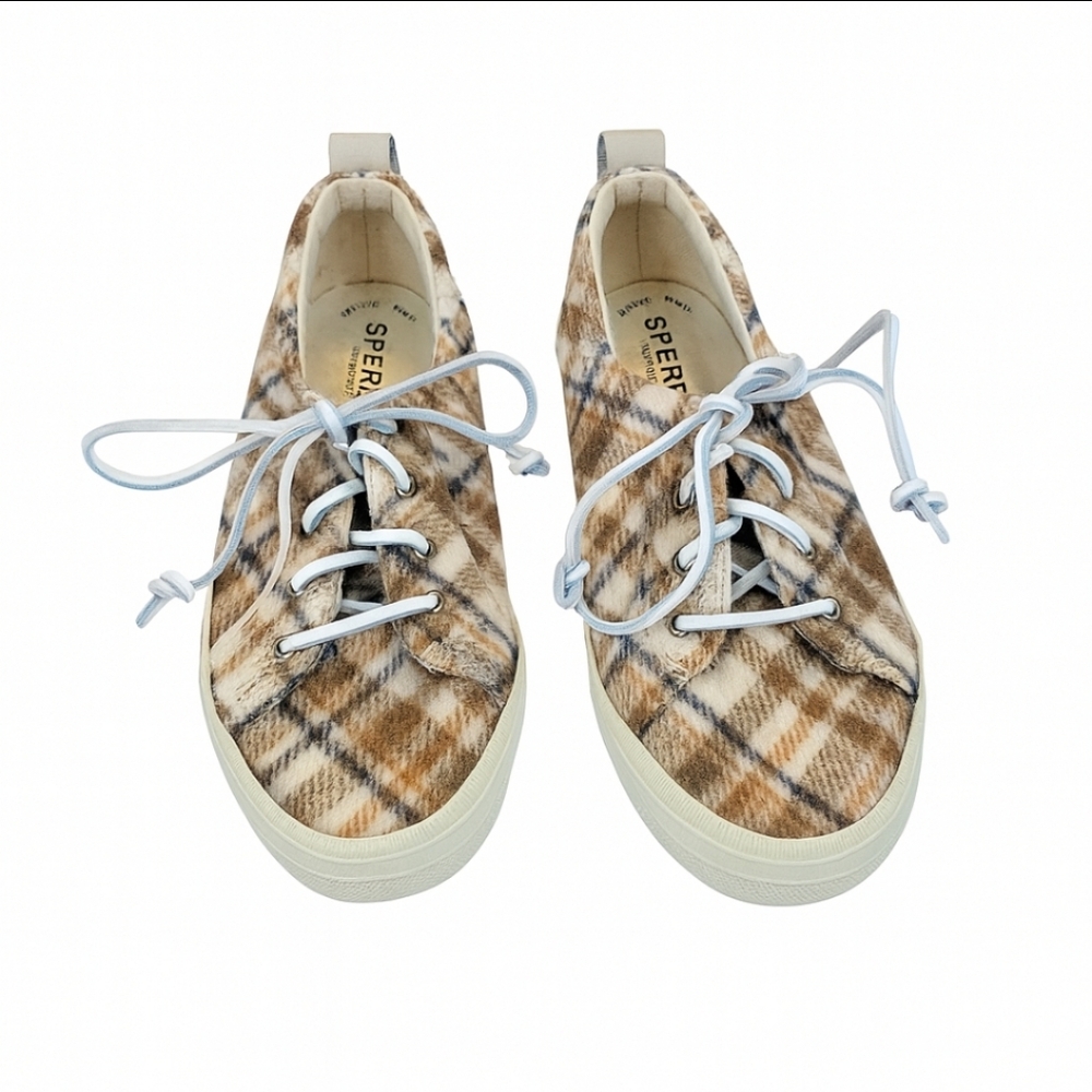 Sperry Tan Blue Wool Flannel Plaid Crest Vibe Sneakers Womens Sz 6.5
